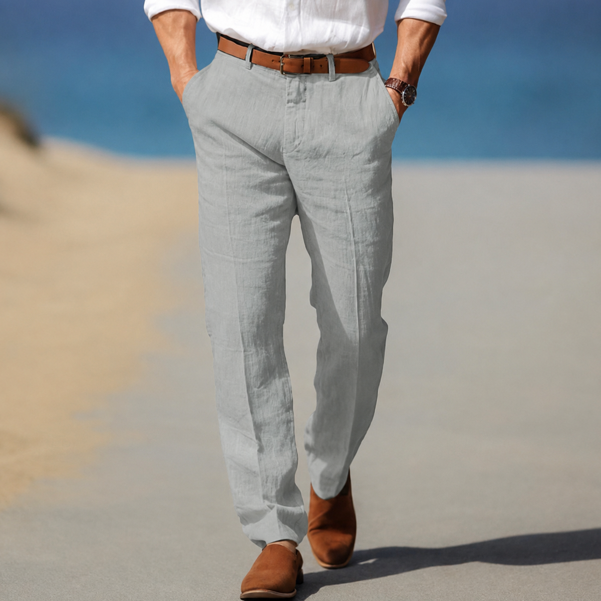 Bayer Modehaus - Herren Chinohose mit Bügelfalte und geradem Bein, Leinen-Optik in Grau