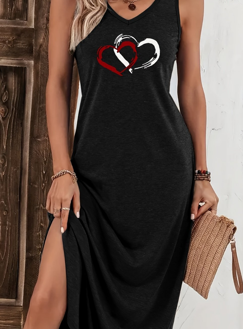 Bayer Modehaus - Damen Midikleid ärmellos mit V-Ausschnitt und Seitenschlitz, Herz-Print in Schwarz