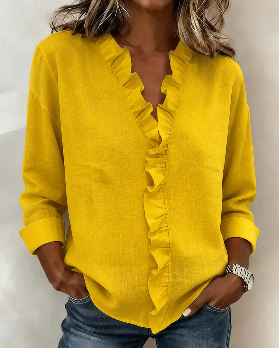 Bayer Modehaus - Damen Bluse mit Rüschen und V-Ausschnitt, langarm in Gelb