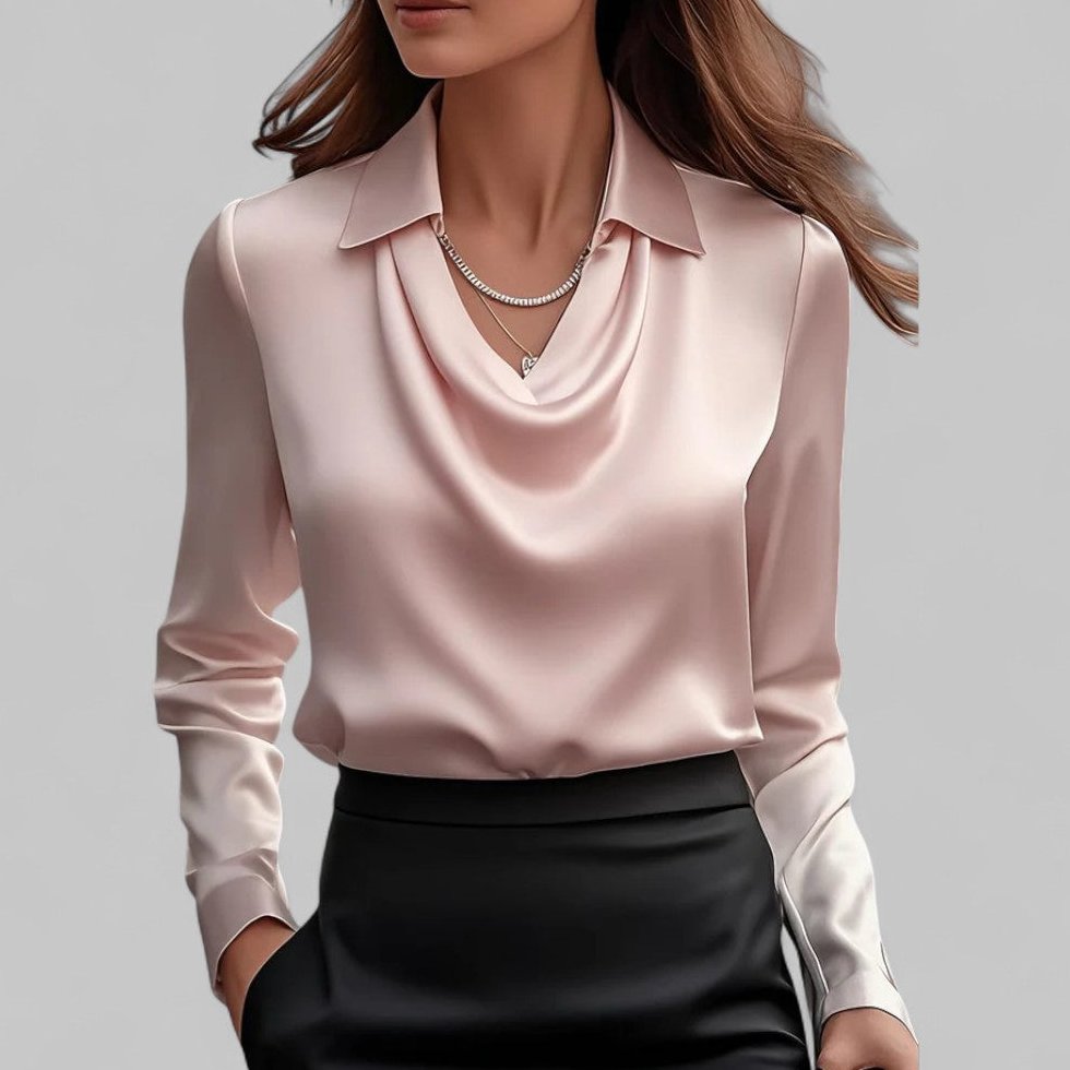 Bluse Damen Satin mit Wasserfallausschnitt und Manschetten