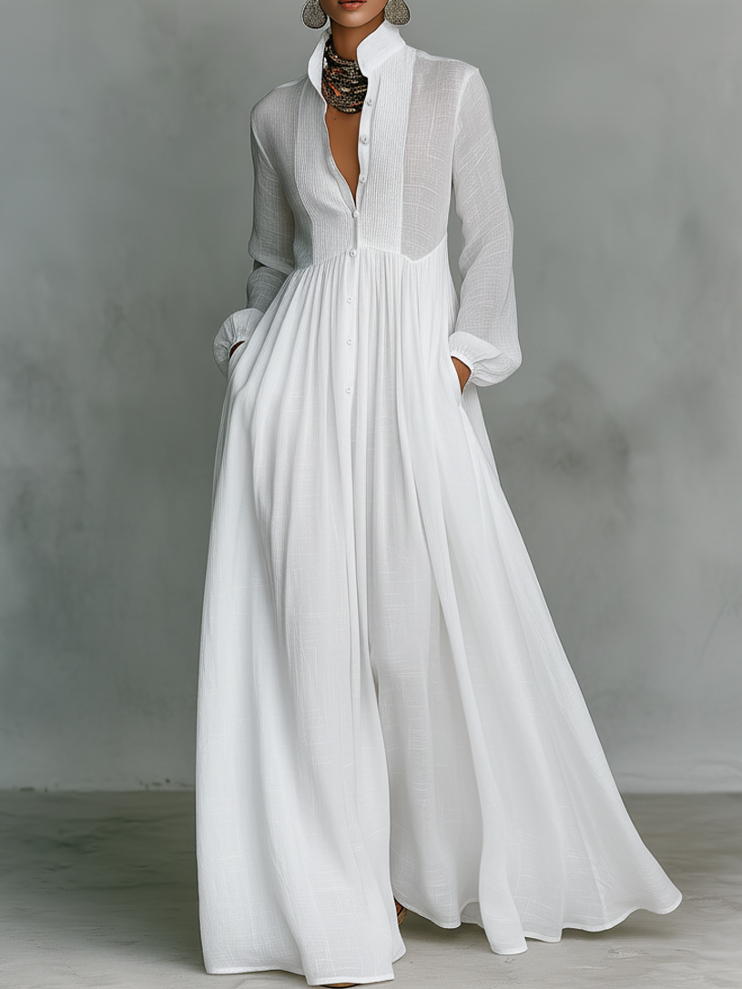 Blusenkleid Damen Maxikleid, Faltenrock, Kragen, Knopfleiste, Taschen