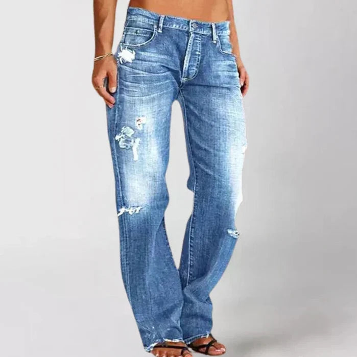 Bayer Modehaus - Damen Jeans im Used-Look, weites Bein, mittelhoher Bund in Blau