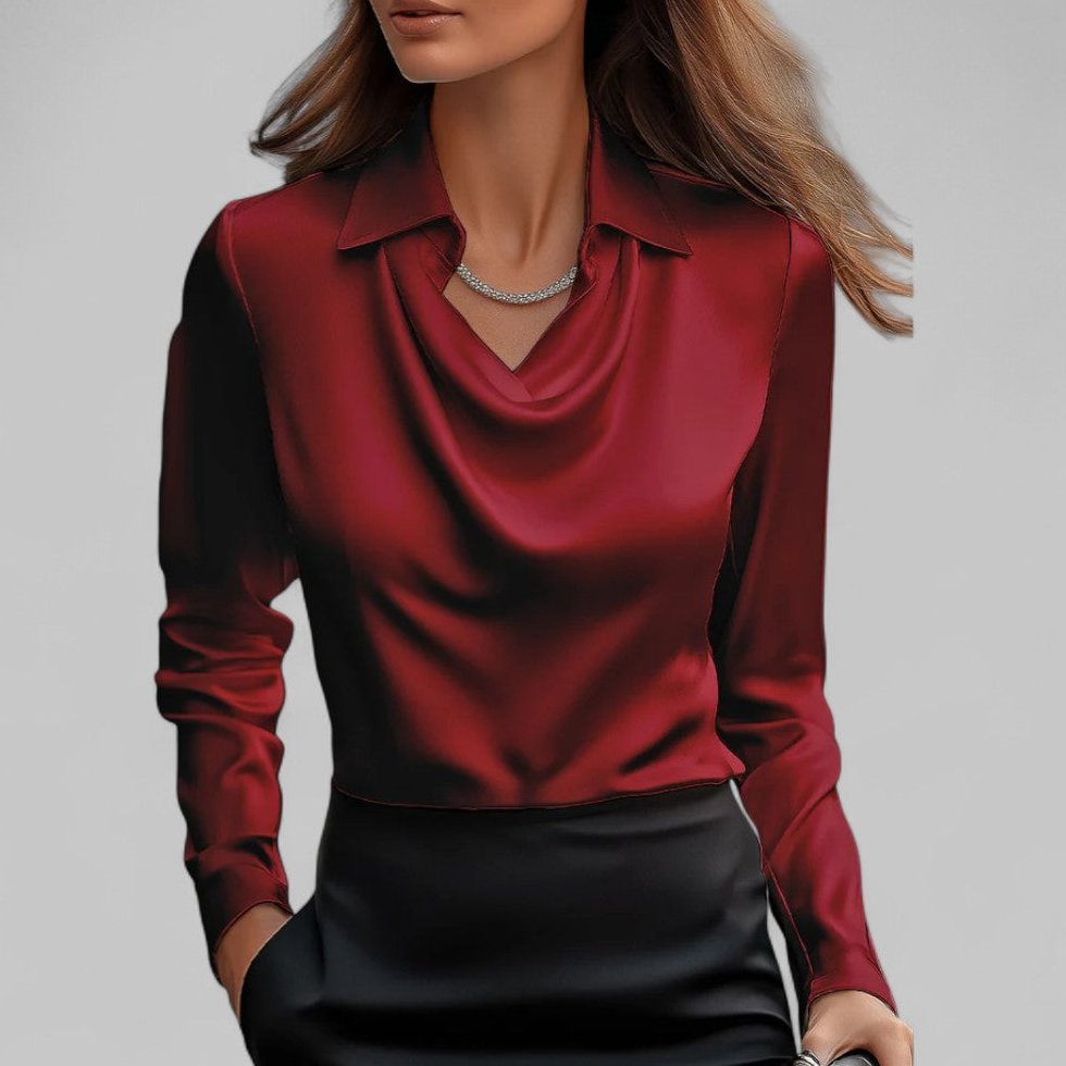 Bluse Damen Satin mit Wasserfallausschnitt und Manschetten