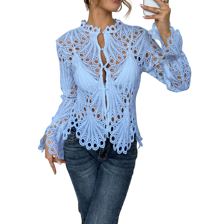 Bluse Damen Elegant Spitzenbluse Langarm mit Lochspitze Trompetenärmel