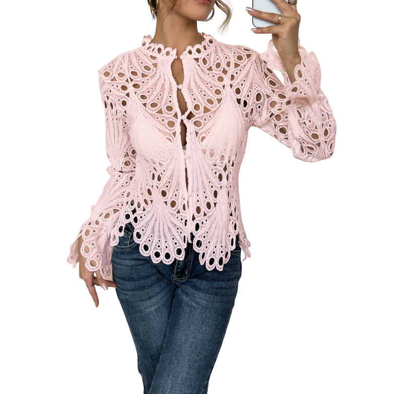 Bluse Damen Elegant Spitzenbluse Langarm mit Lochspitze Trompetenärmel