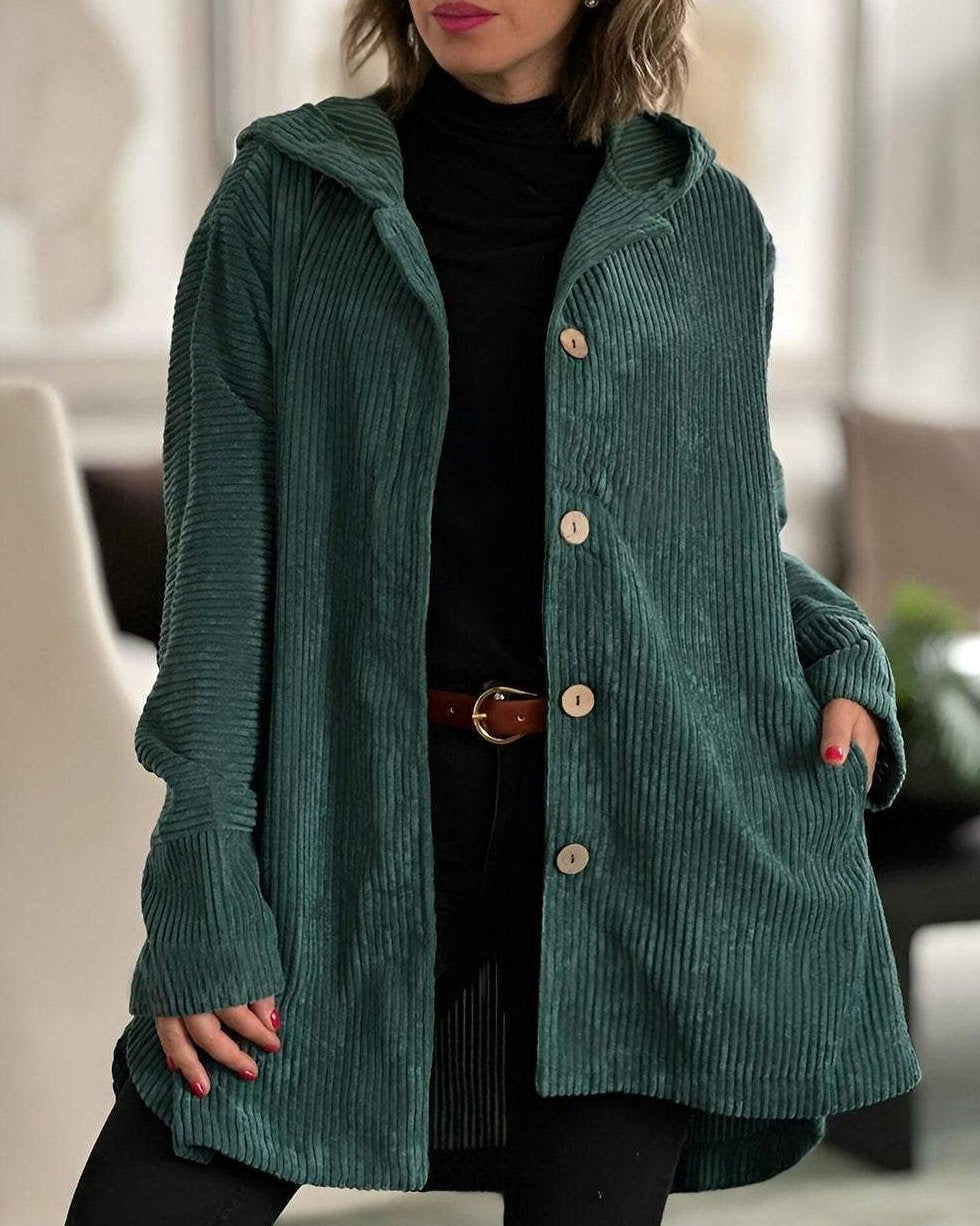Bayer Modehaus - Damen Lange Cordjacke mit Kapuze und Knopfleiste in Grün