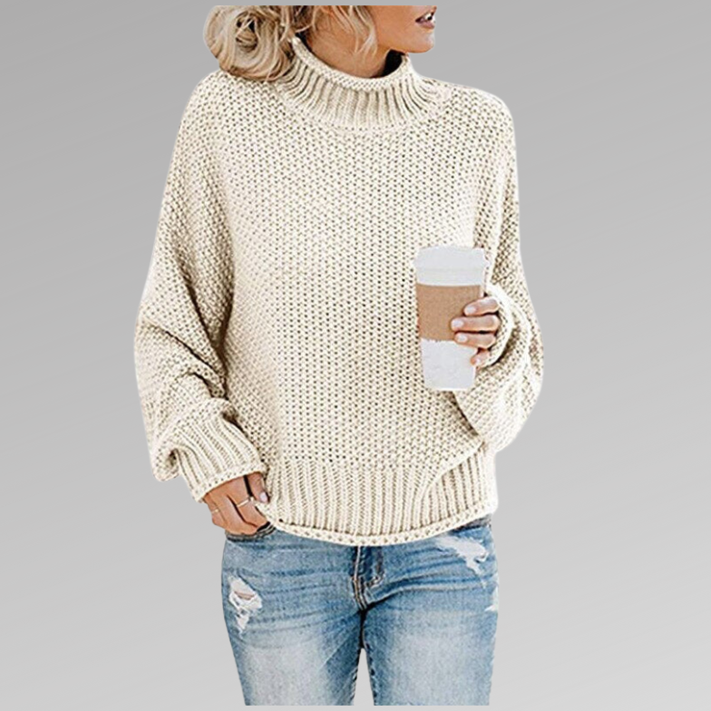 Bayer Modehaus - Damen Grobstrickpullover mit Rollkragen und weiten Ärmeln in Weiß