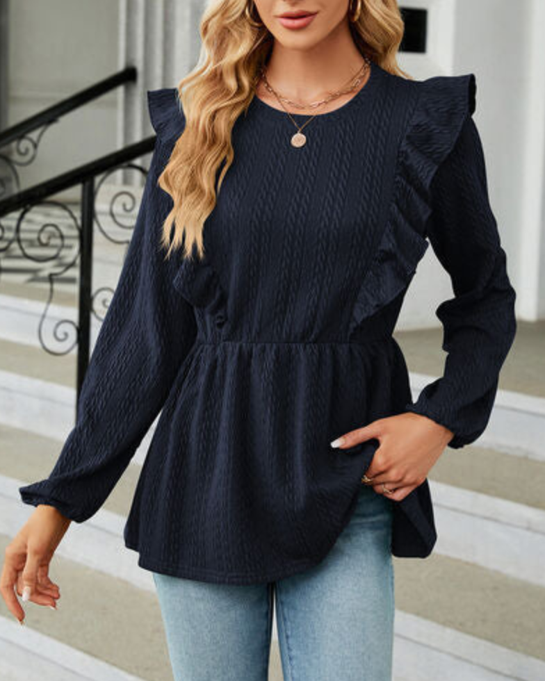 Bluse Damen Elegant, Rüschen, Peplumsaum, Jacquardstruktur, Langarm