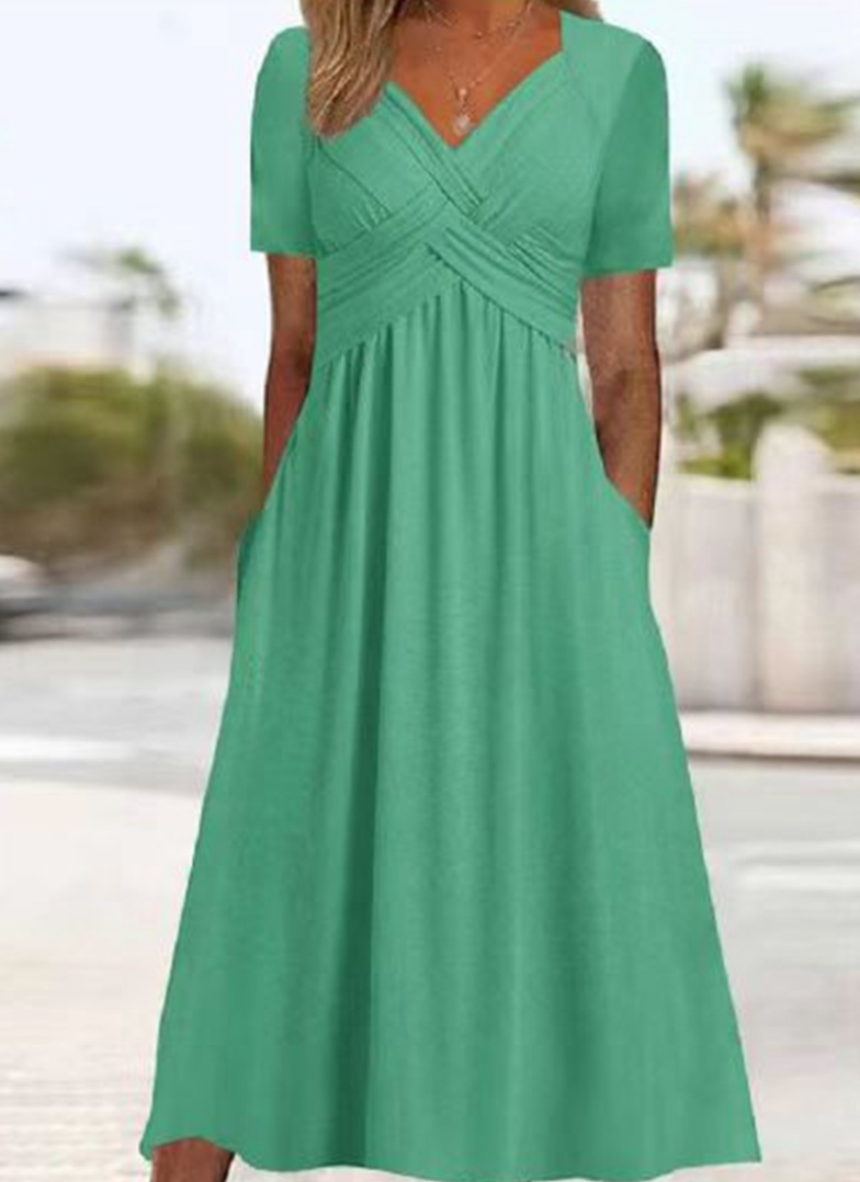 Kleid Damen Wickelkleid Midilang V Ausschnitt Taschen Jersey