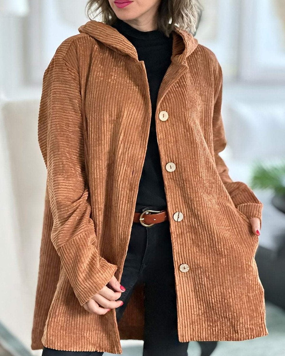 Bayer Modehaus - Damen Lange Cordjacke mit Kapuze und Knopfleiste in Khaki