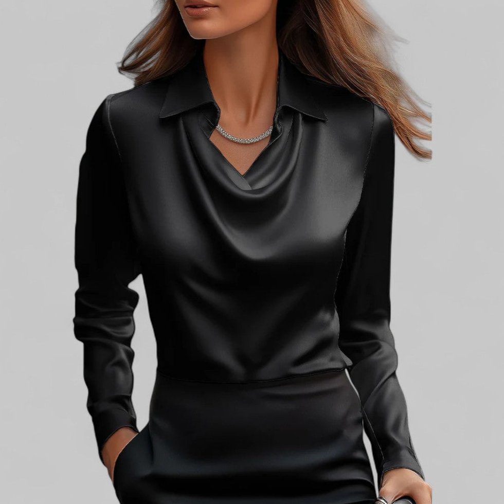 Bluse Damen Satin mit Wasserfallausschnitt und Manschetten