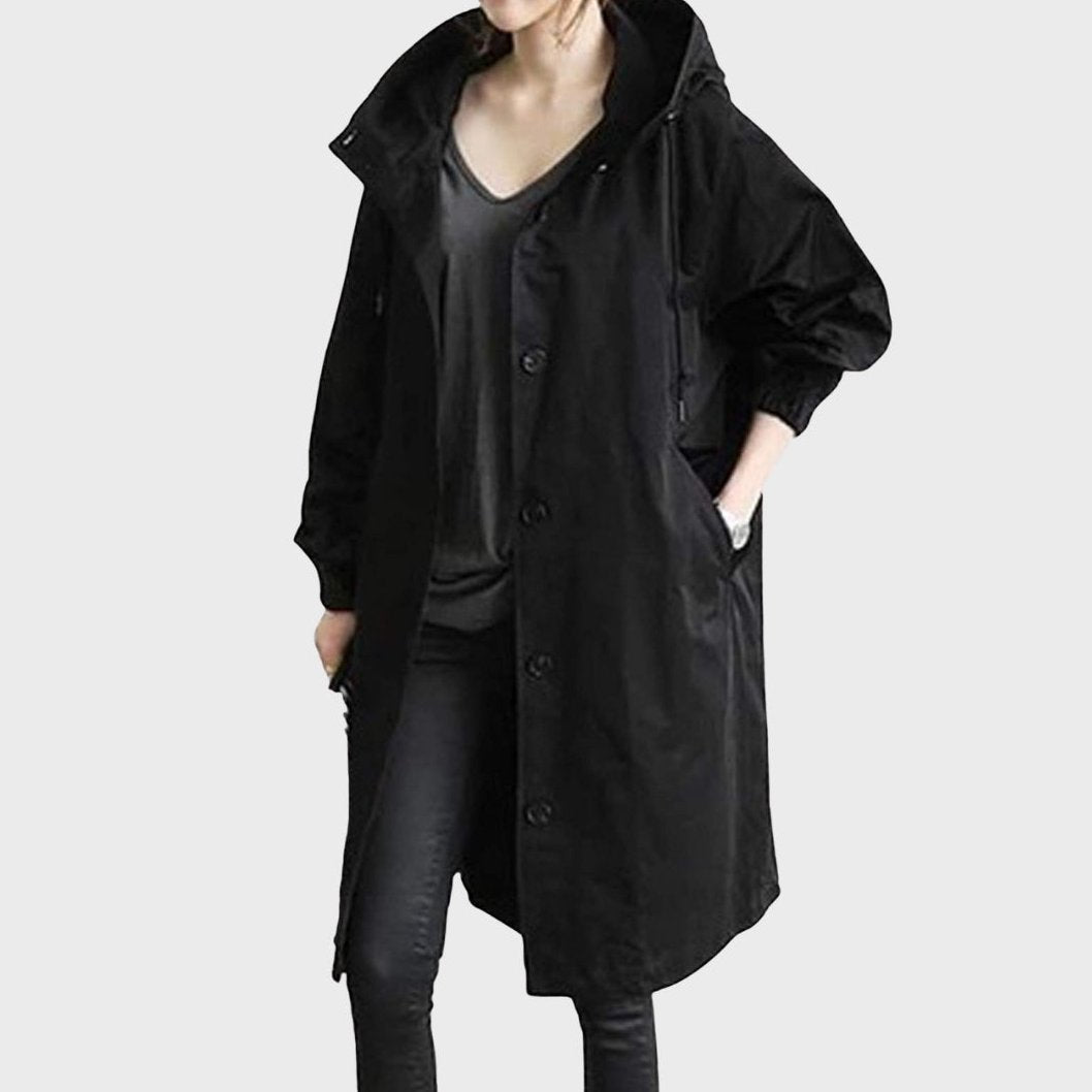Bayer Modehaus - Damen Oversized Mantel mit Kapuze, langer Übergangsmantel in Schwarz
