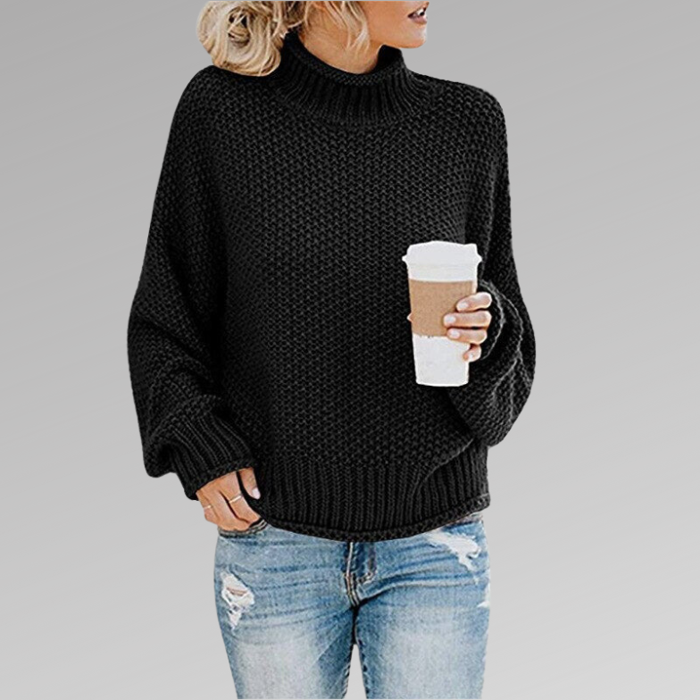 Bayer Modehaus - Damen Grobstrickpullover mit Rollkragen und weiten Ärmeln in Schwarz