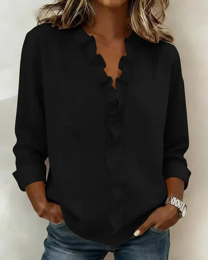 Bayer Modehaus - Damen Bluse mit Rüschen und V-Ausschnitt, langarm in Schwarz
