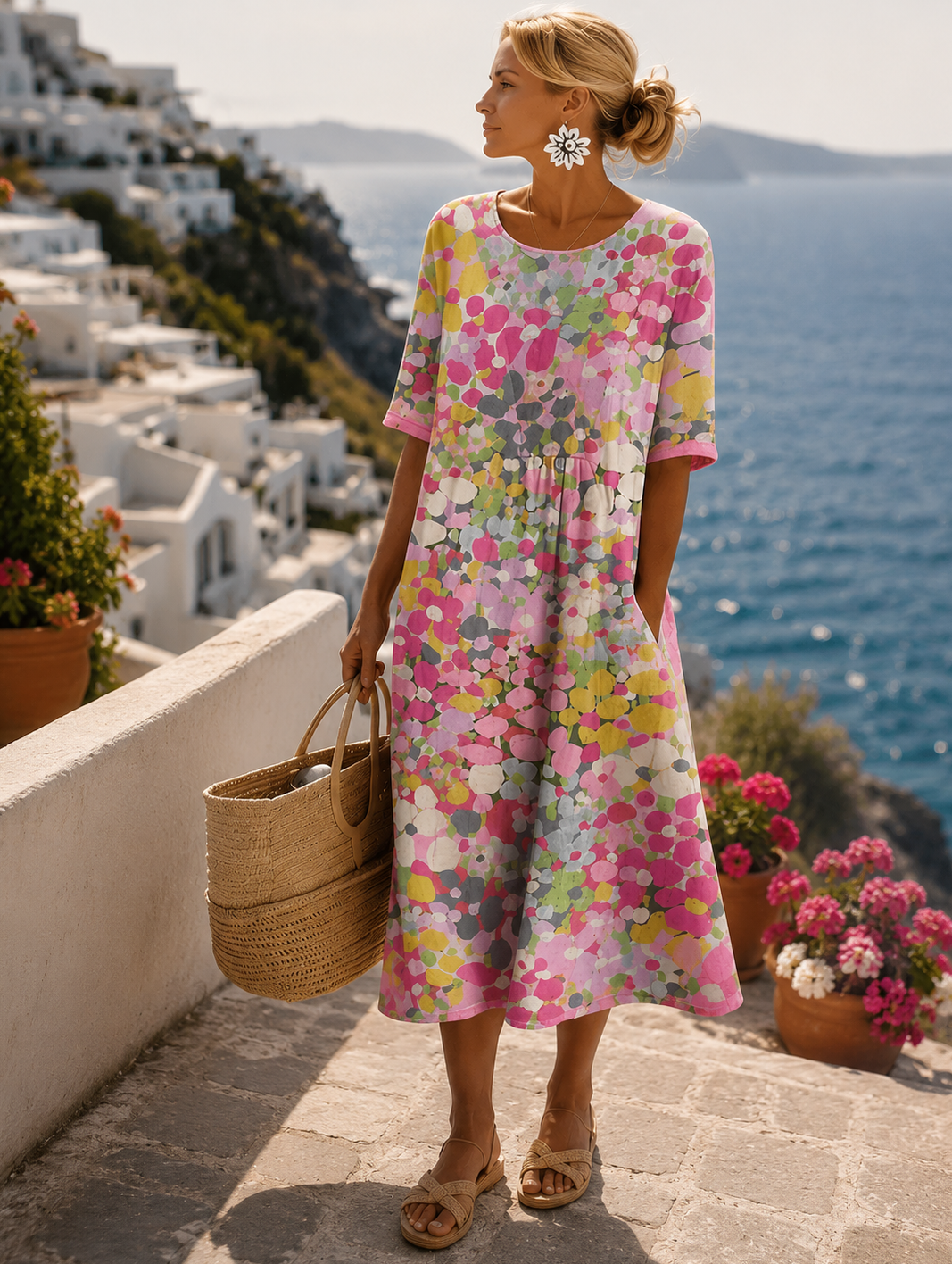 Sommerkleid Damen Midikleid Blumenmuster mit Taschen