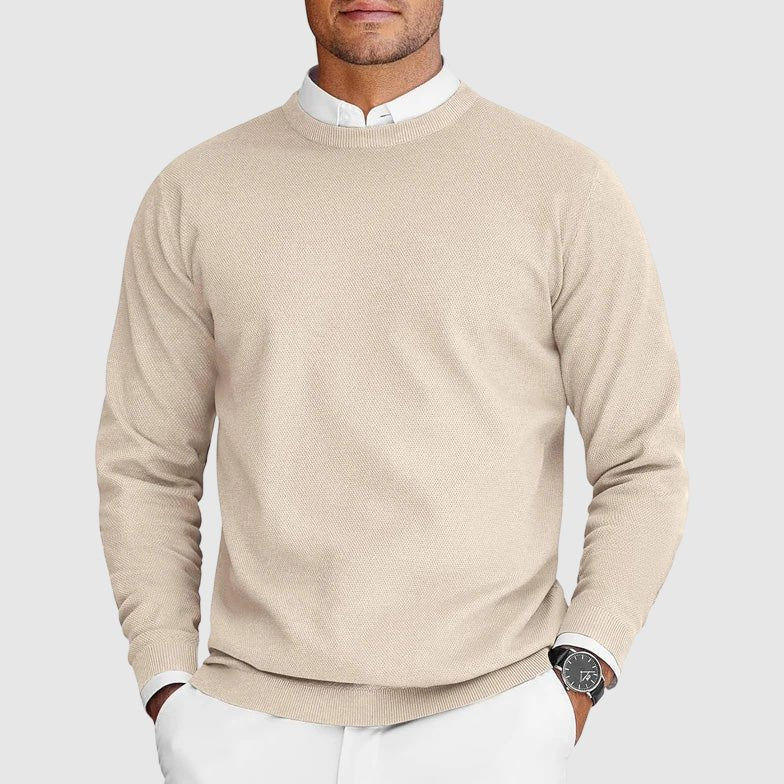 Bayer Modehaus - Herren Rundhalspullover aus Feinstrick mit Strukturmuster in Beige