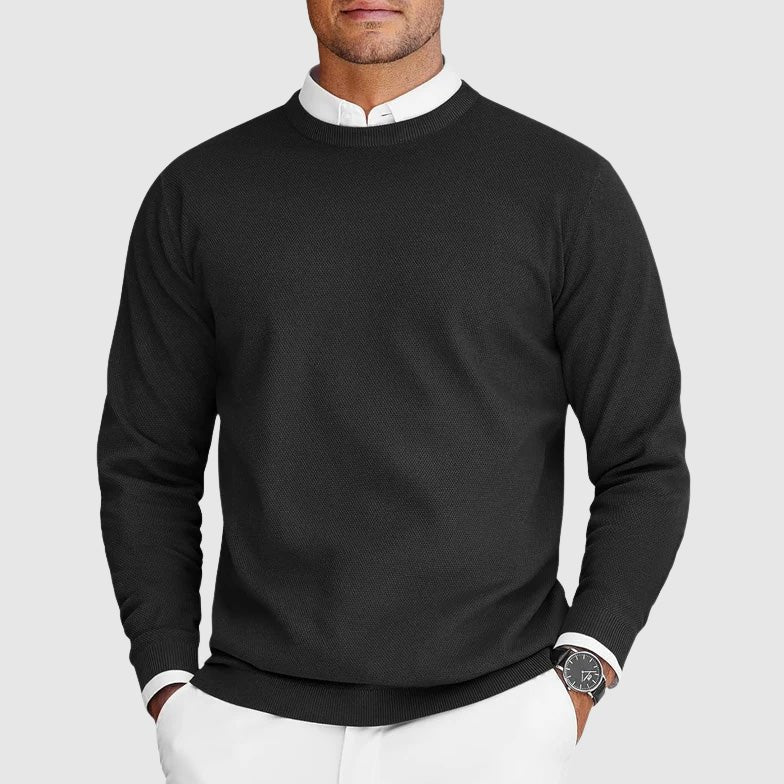 Bayer Modehaus - Herren Rundhalspullover aus Feinstrick mit Strukturmuster in Schwarz