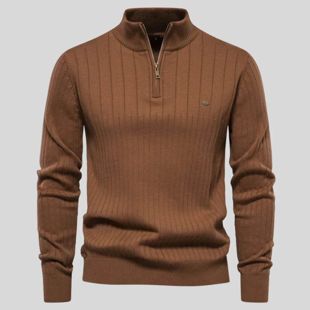 Bayer Modehaus - Herren Troyer mit Reißverschluss und Stehkragen, Rippstrick in Braun