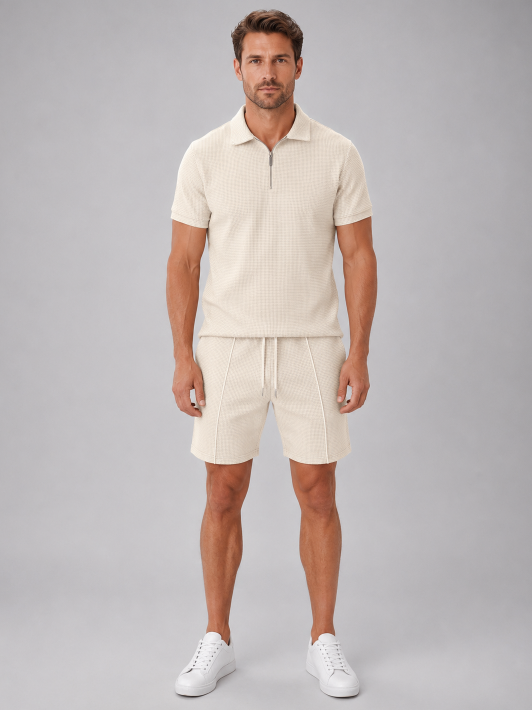 Poloshirt Herren Zweiteiler mit Zip und Shorts in Waffelstruktur