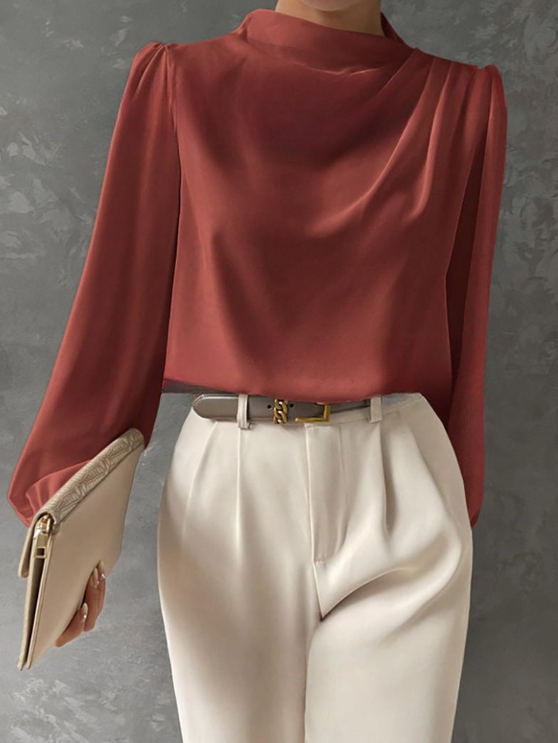 Bluse Damen Langarm mit Stehkragen und Drapierung in lockerer Passform