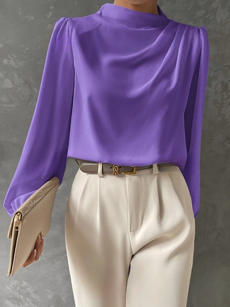 Bluse Damen Langarm mit Stehkragen und Drapierung in lockerer Passform