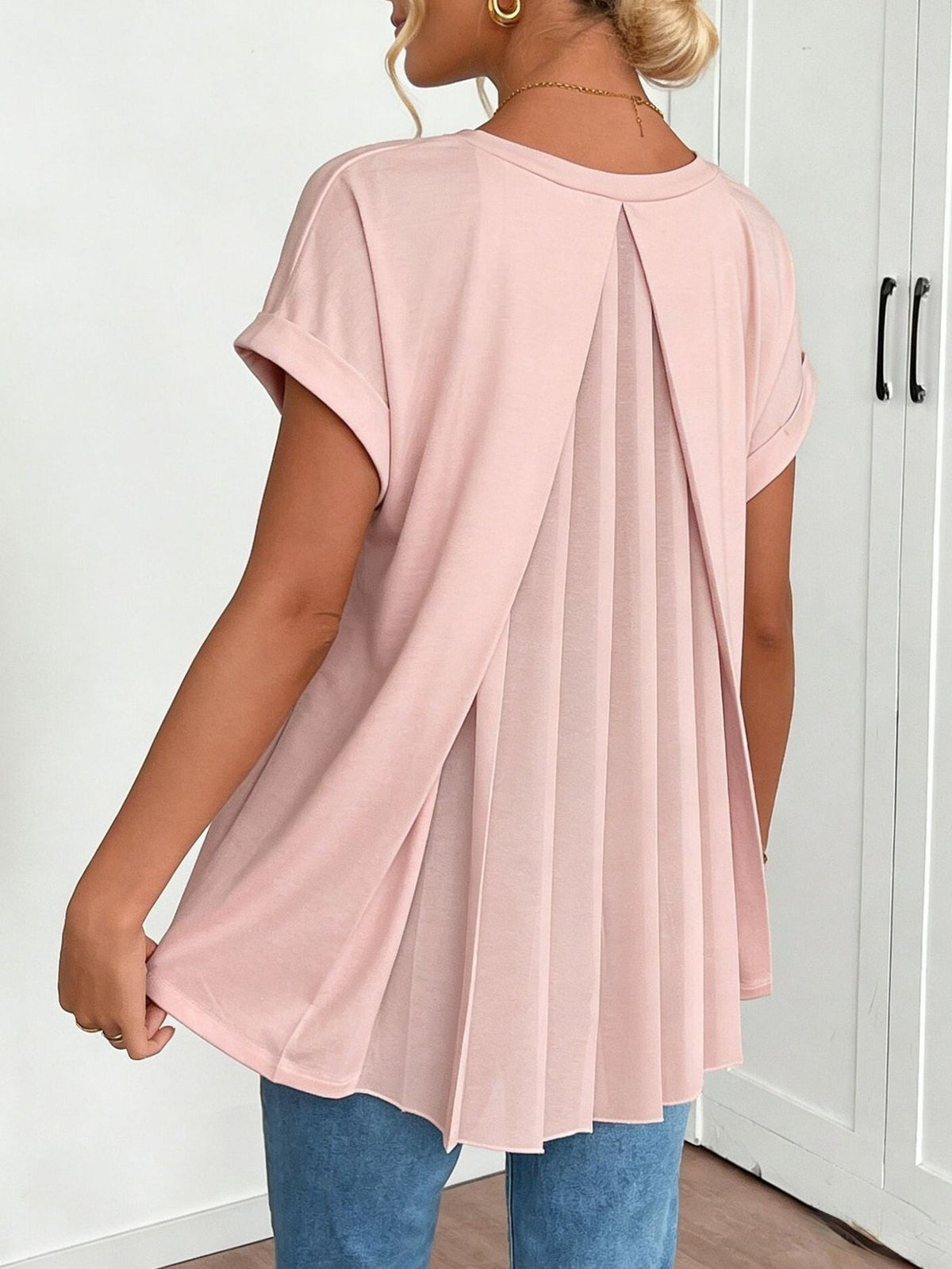 Bayer Modehaus - Damen Tunikabluse mit Plissee-Rücken und V-Ausschnitt, kurzarm in Rosa