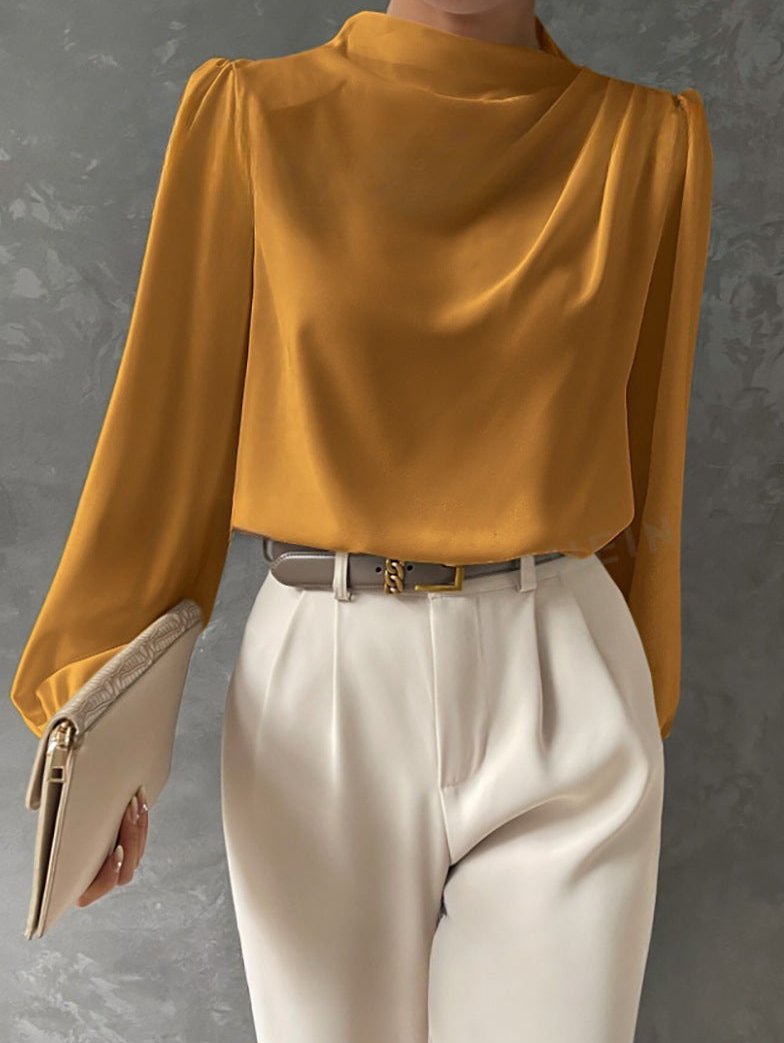 Bluse Damen Langarm mit Stehkragen und Drapierung in lockerer Passform