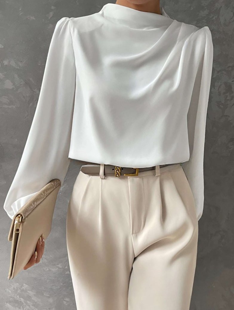 Bluse Damen Langarm mit Stehkragen und Drapierung in lockerer Passform