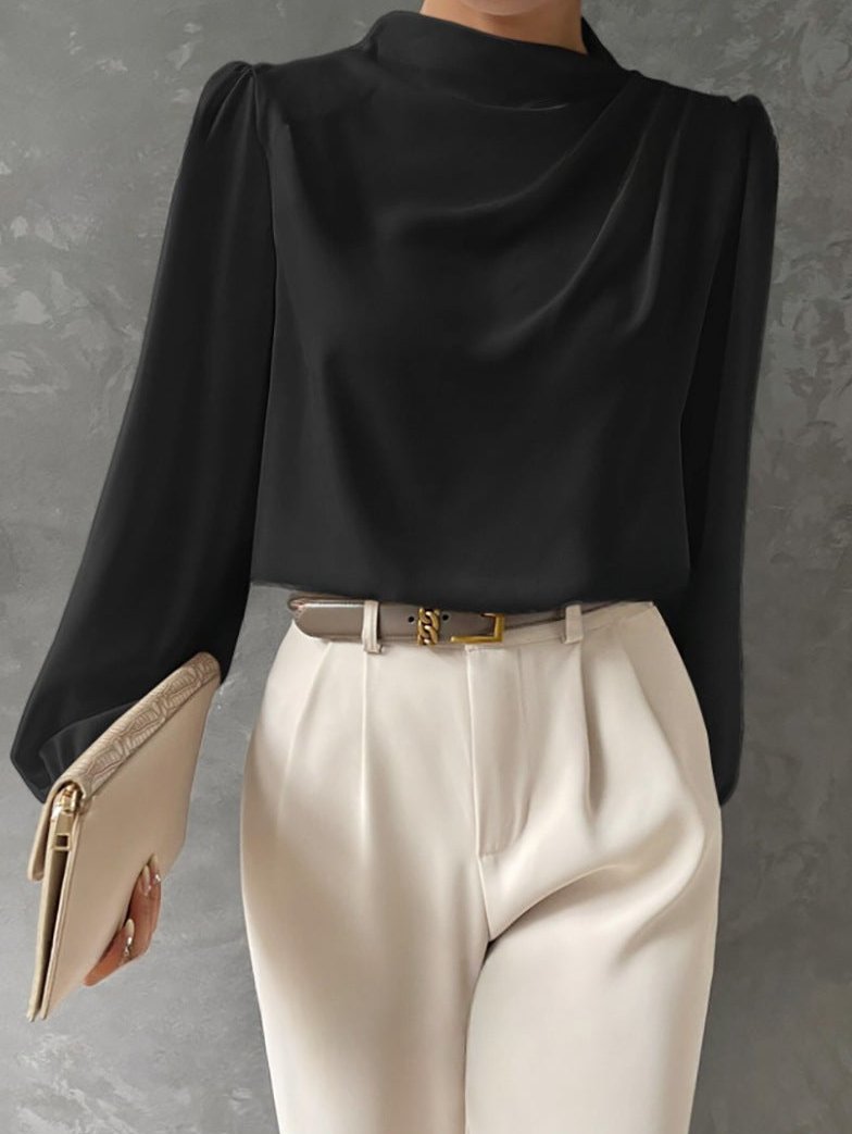 Bluse Damen Langarm mit Stehkragen und Drapierung in lockerer Passform