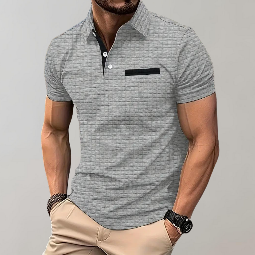 Poloshirt Herren Kurzarm mit geprägtem Karomuster und Brusttasche