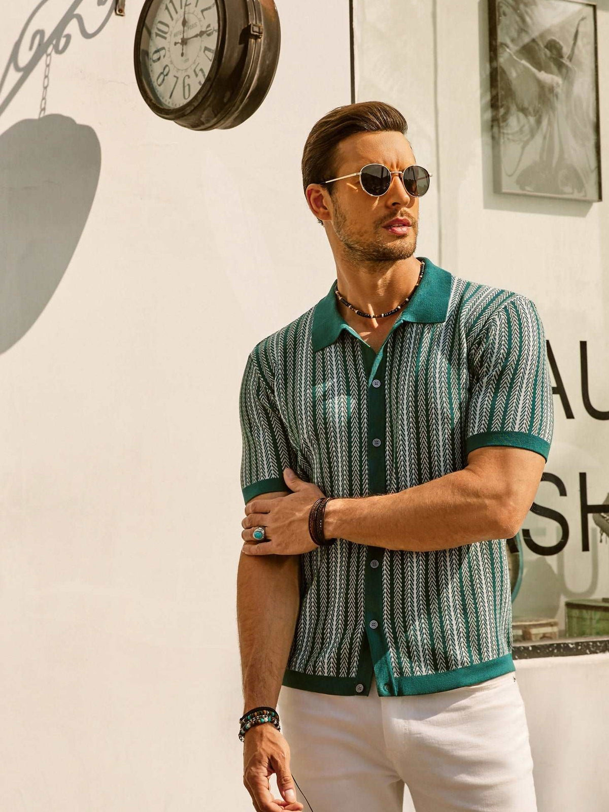 Poloshirt Herren Strickpolo, Streifenmuster, Polokragen, Knopfleiste