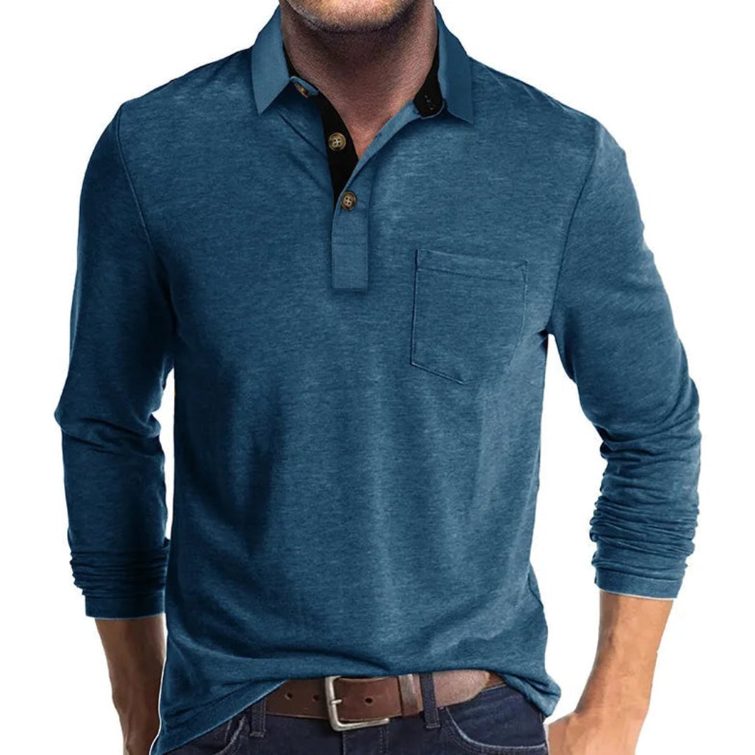 Bayer Modehaus - Herren Langarm-Poloshirt mit Polokragen und Brusttasche in Blau