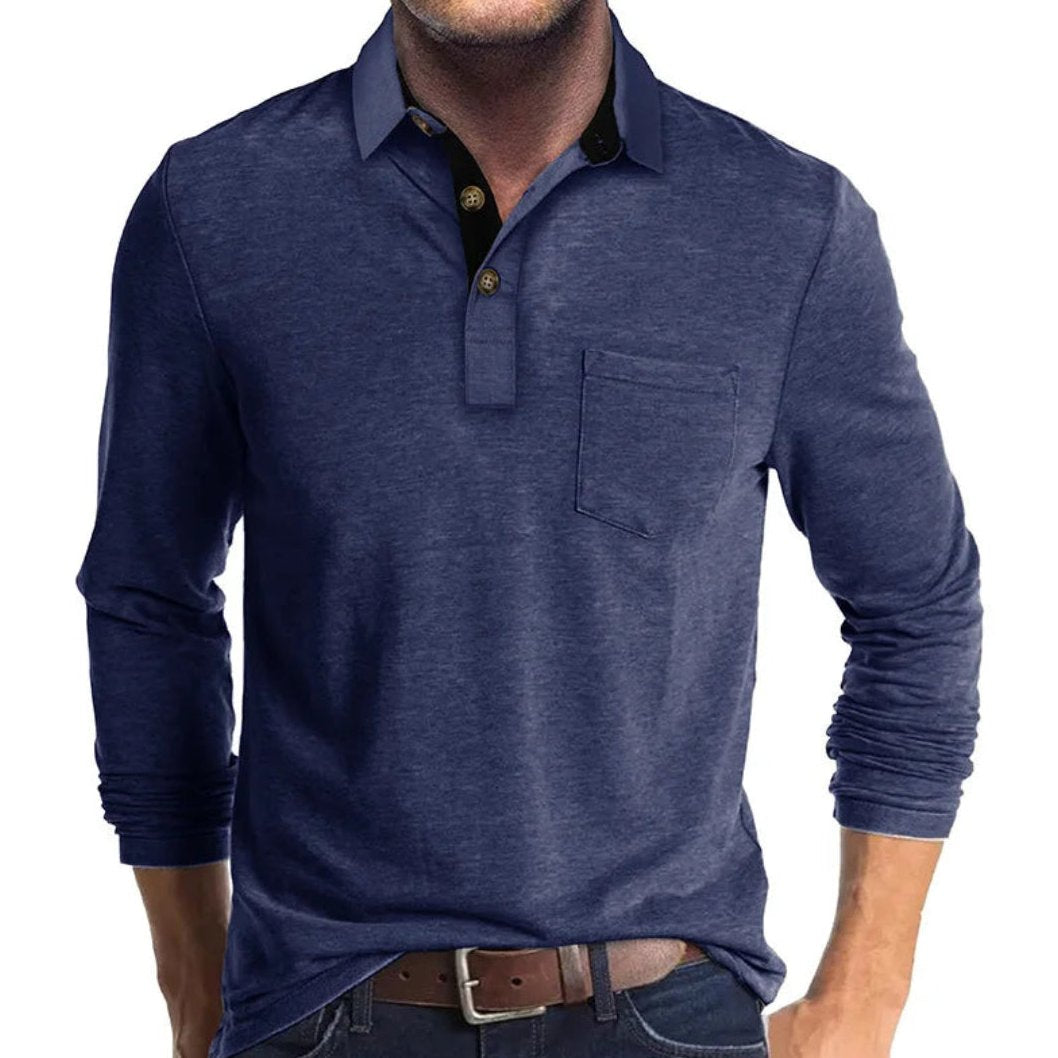 Bayer Modehaus - Herren Langarm-Poloshirt mit Polokragen und Brusttasche in Dunkelblau