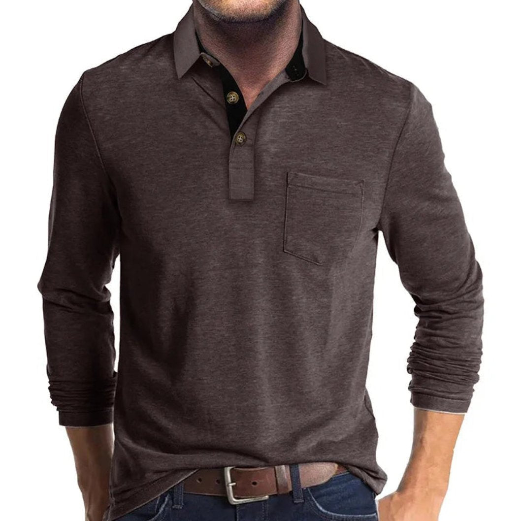 Bayer Modehaus - Herren Langarm-Poloshirt mit Polokragen und Brusttasche in Dunkelbraun