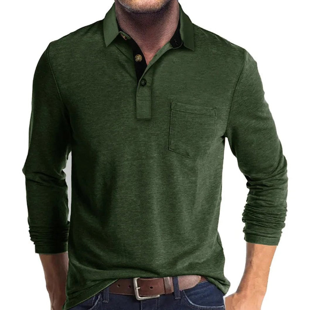 Bayer Modehaus - Herren Langarm-Poloshirt mit Polokragen und Brusttasche in Dunkelgrün