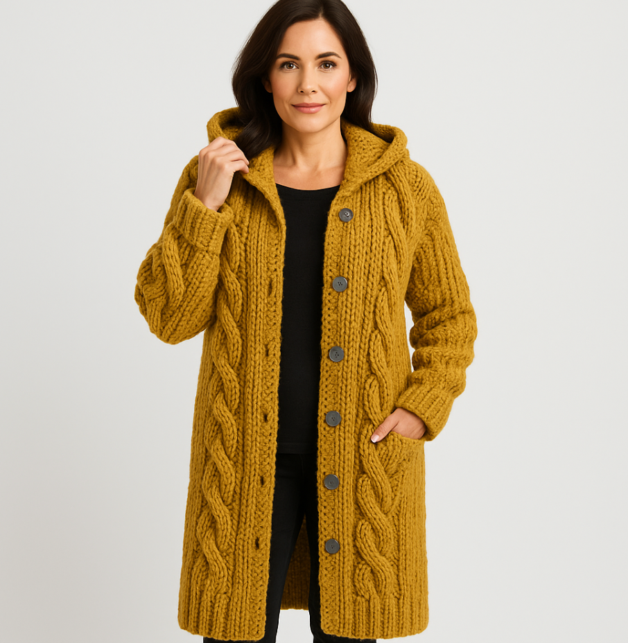 Bayer Modehaus - Damen Strickjacke lang mit Zopfmuster, Kapuze und Knöpfen in Gelb