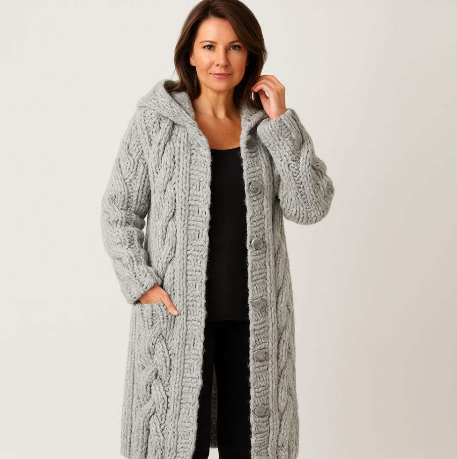 Bayer Modehaus - Damen Strickjacke lang mit Zopfmuster, Kapuze und Knöpfen in Grau