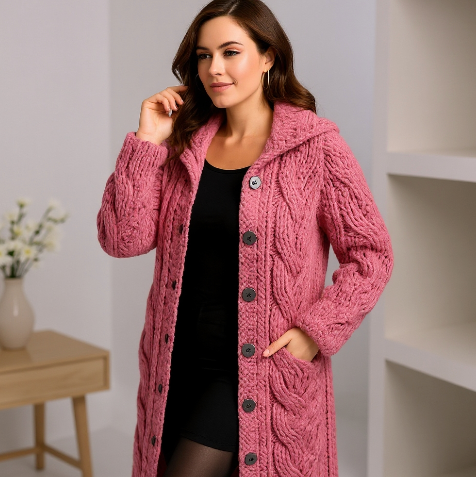 Bayer Modehaus - Damen Strickjacke lang mit Zopfmuster, Kapuze und Knöpfen - Produktbild 8