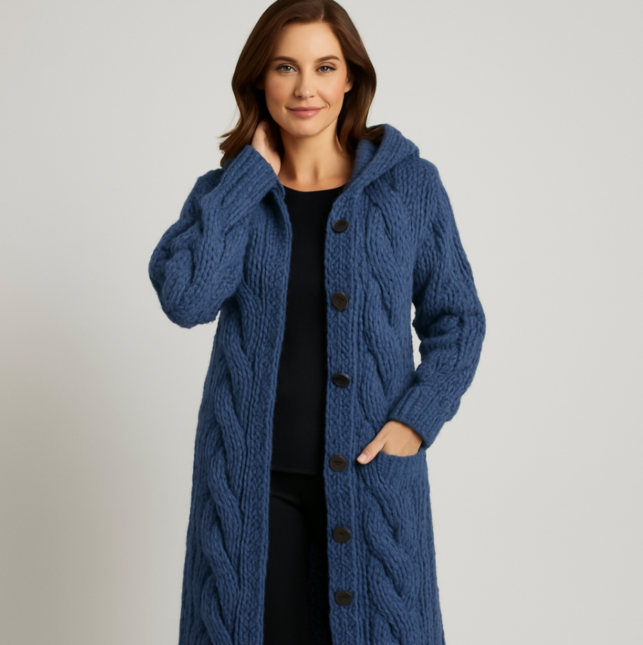 Bayer Modehaus - Damen Strickjacke lang mit Zopfmuster, Kapuze und Knöpfen in Blau