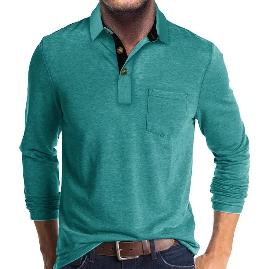 Bayer Modehaus - Herren Langarm-Poloshirt mit Polokragen und Brusttasche in Türkis