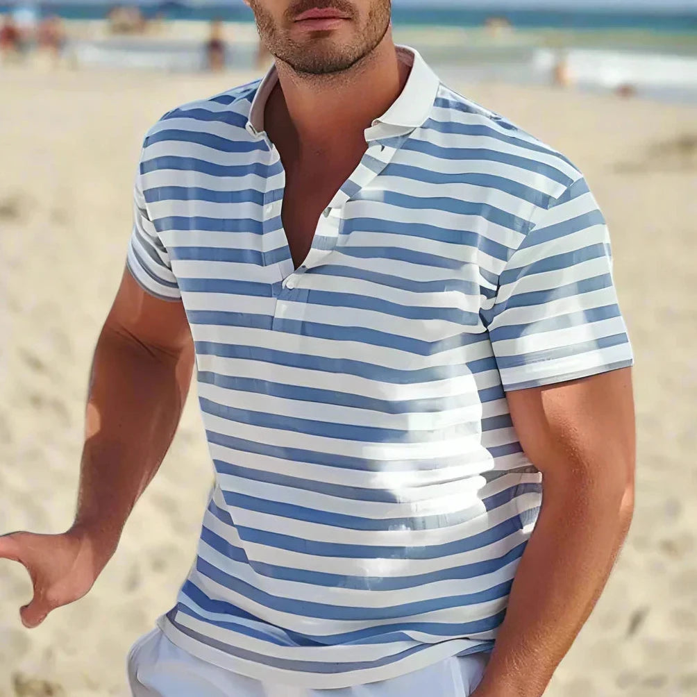 Poloshirt Herren Kurzarm mit Querstreifen und offenem Polokragen
