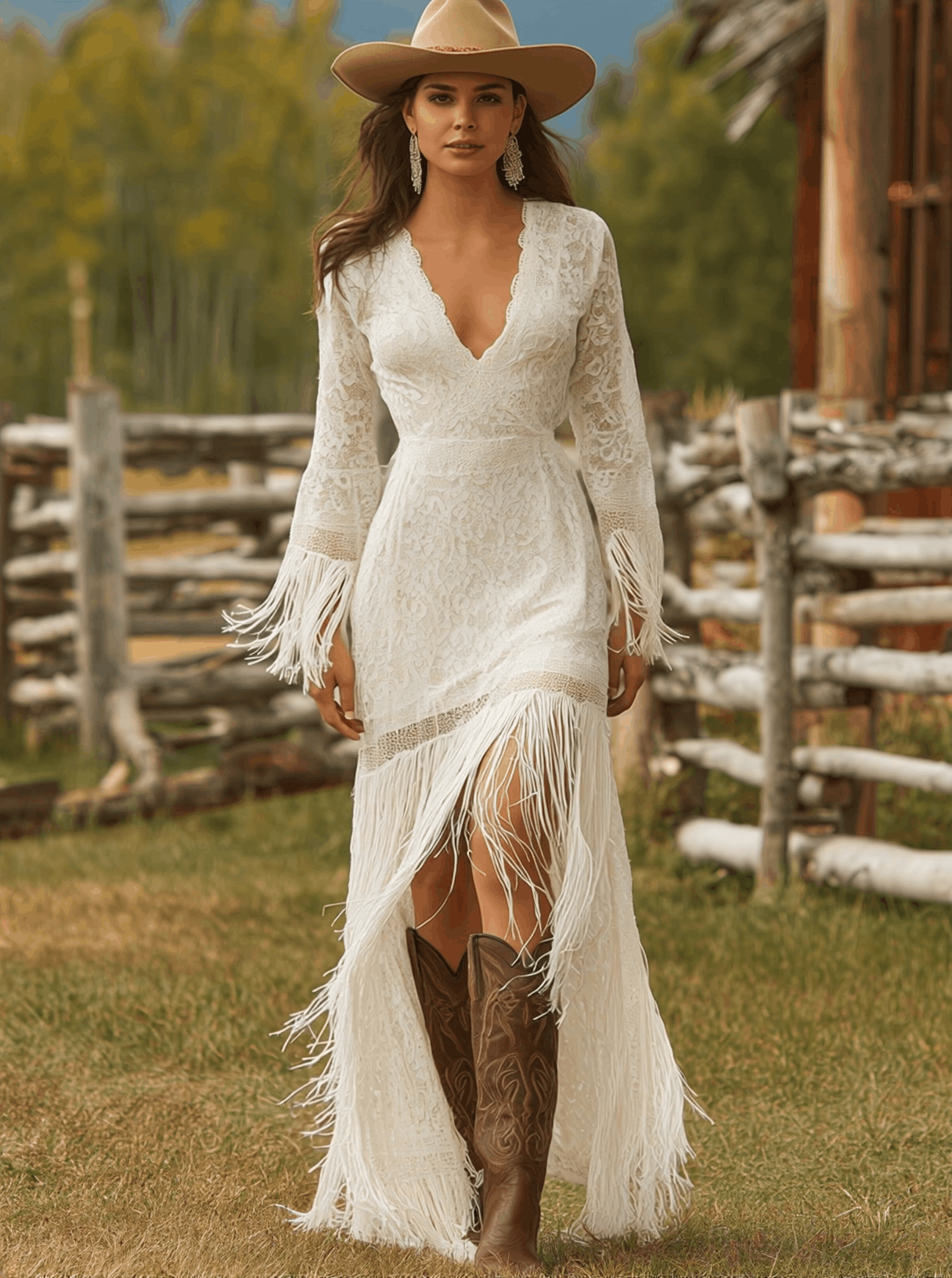 Abendkleid mit floraler Spitze und Fransen
