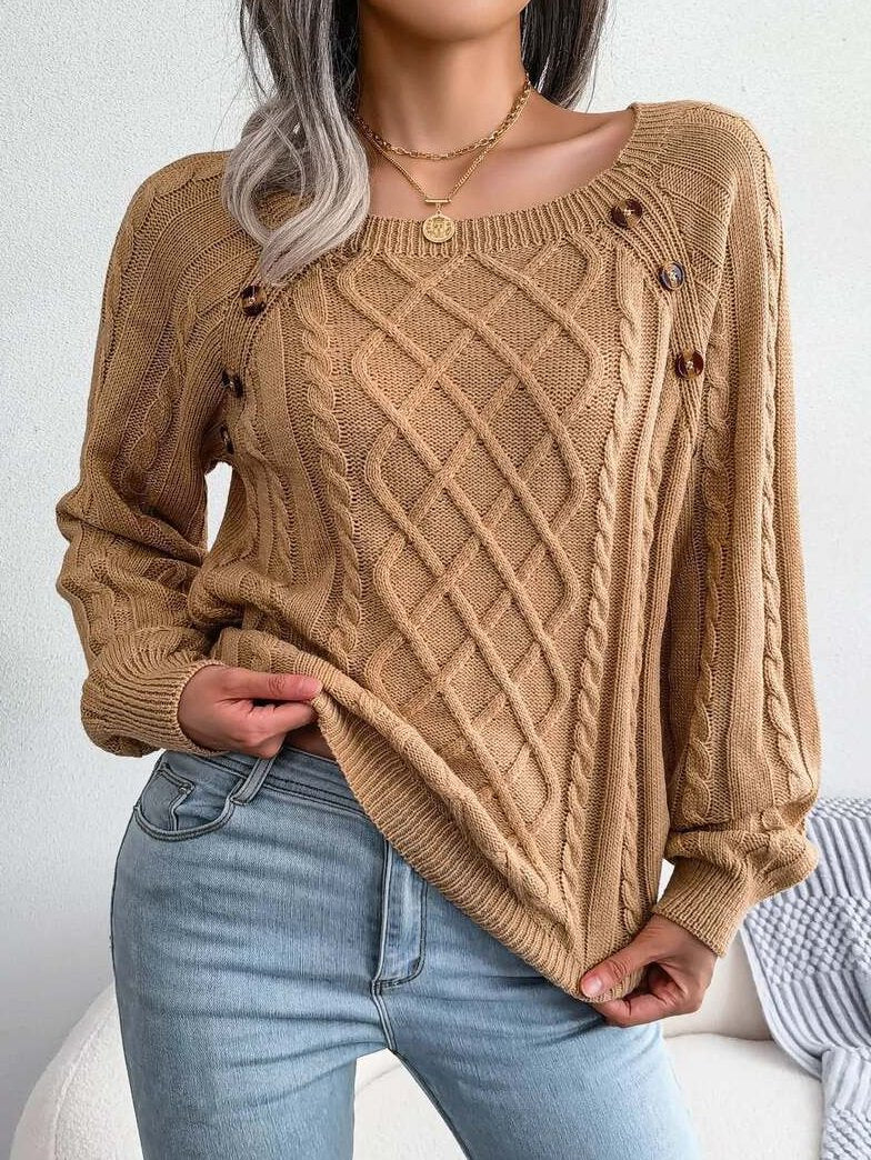 Pullover Damen Strickpullover mit Zopfmuster und Zierknöpfen