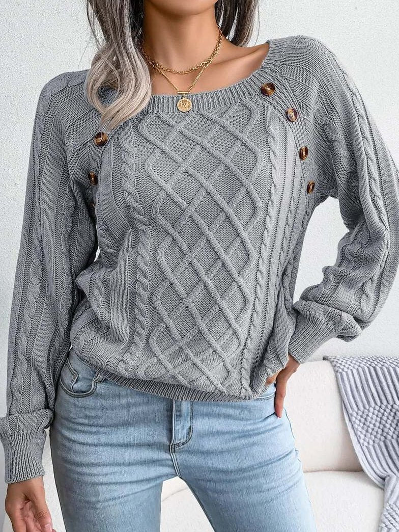 Pullover Damen Strickpullover mit Zopfmuster und Zierknöpfen