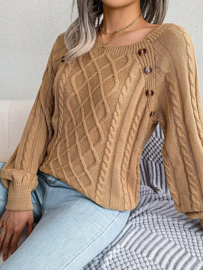 Pullover Damen Strickpullover mit Zopfmuster und Zierknöpfen