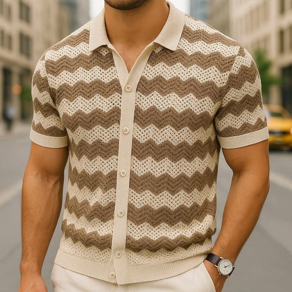 Poloshirt Herren Strickpullover mit Zickzackmuster und Knopfleiste