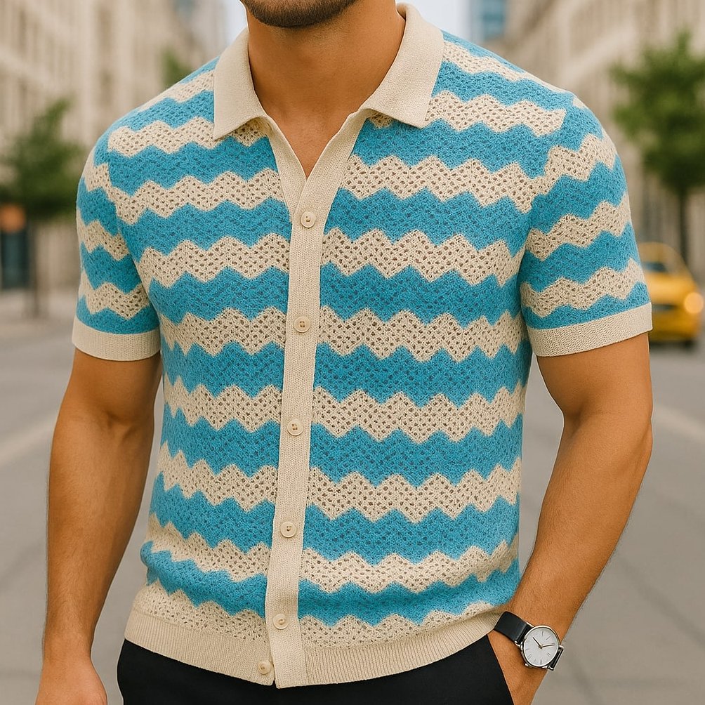 Poloshirt Herren Strickpullover mit Zickzackmuster und Knopfleiste