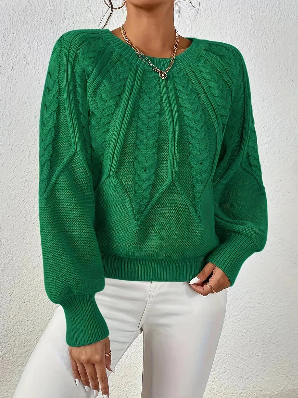 Pullover Damen mit Zopfmuster, Ballonärmeln und Rippbündchen