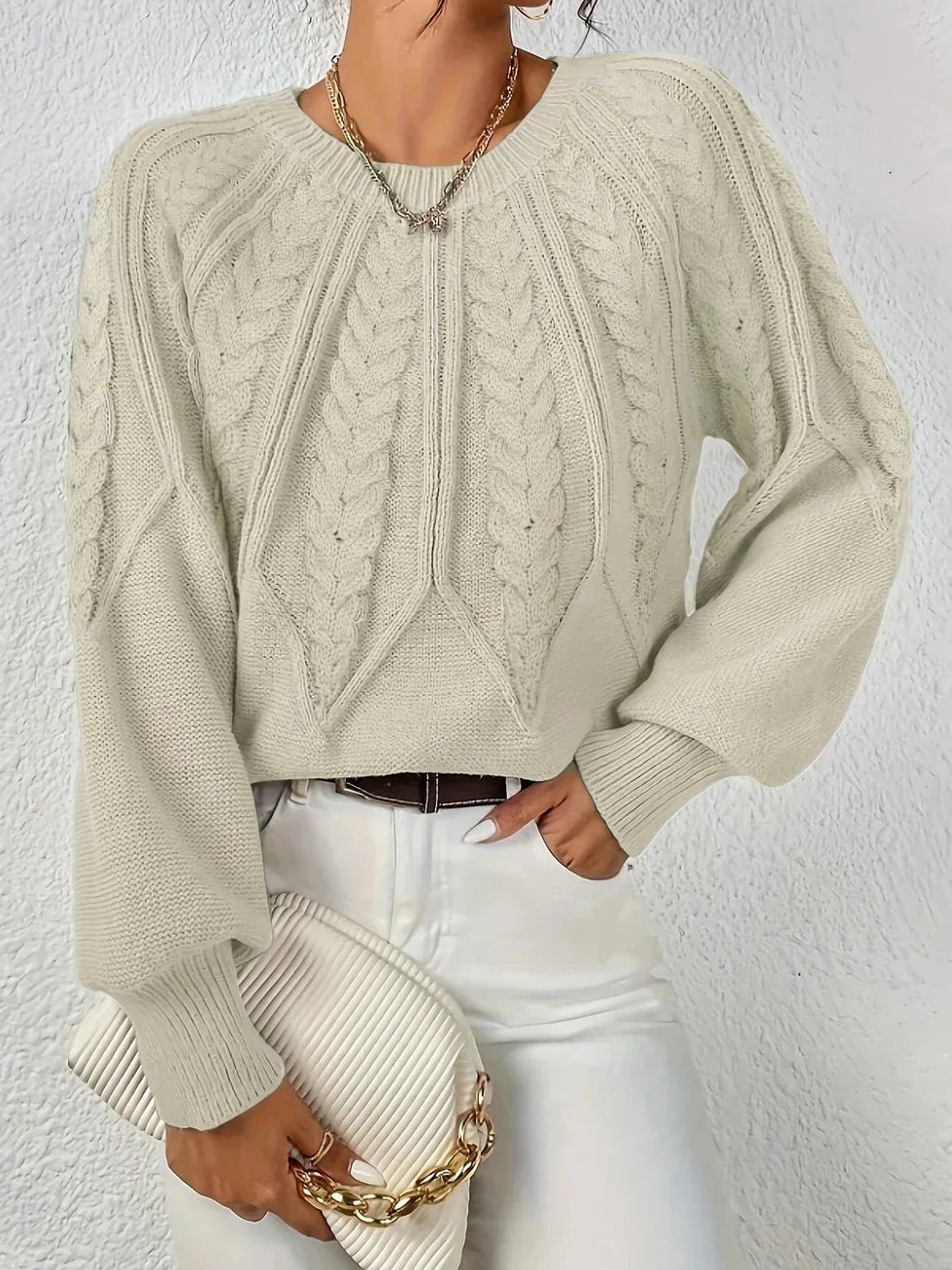 Pullover Damen mit Zopfmuster, Ballonärmeln und Rippbündchen