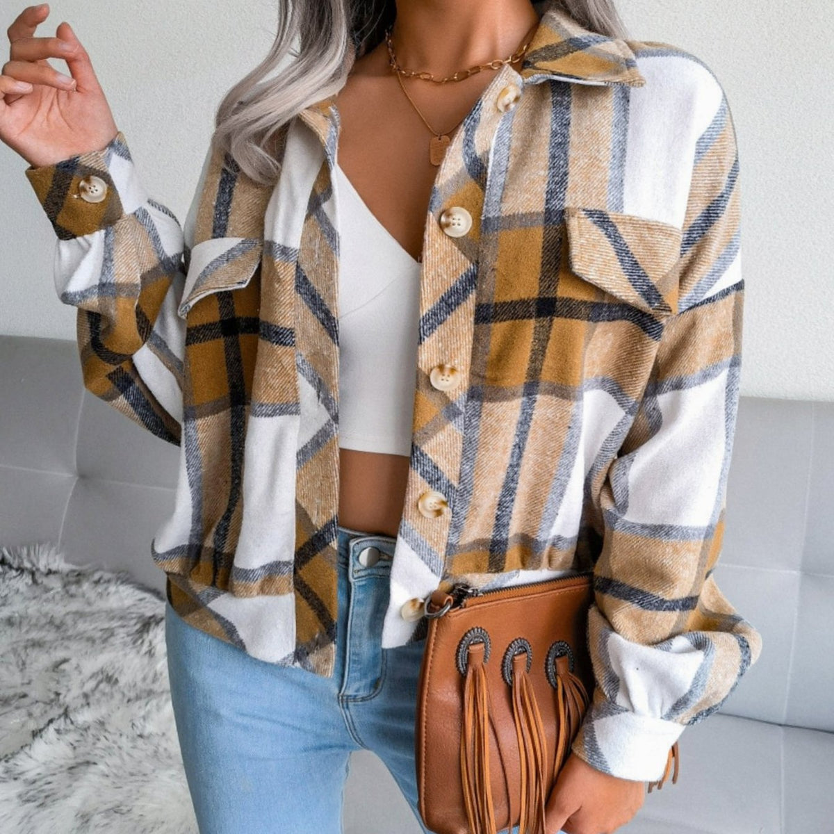 Pullover Damen im Karomuster mit Knopfleiste, Strick in Flanelloptik
